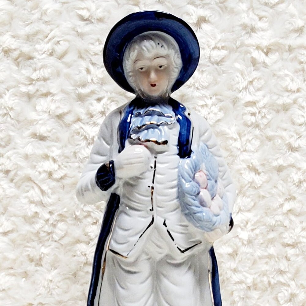 12" Vintage Colonial Man Blue White Gold Basket of Apples Victorian Figurine